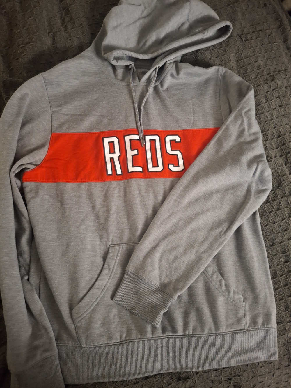 Genuine Merchandise Grey Hoodie with Red Chest Stripe and 'REDS'